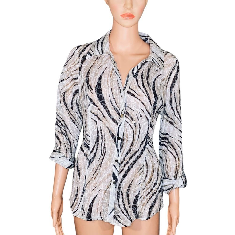 JM Collection Zebra Print Blouse 3-4 Sleeve Semi Sheer Button-Up Casual SZ M